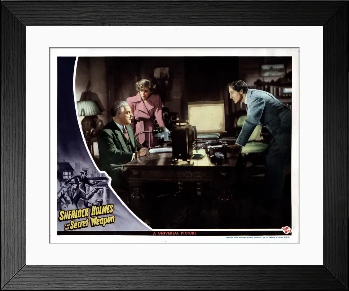 Framed Print : SHERLOCK HOLMES AND THE SECRET WEAPON, from left, Nigel Bruce, Kaaren Verne, Basil Rathbone, 1943