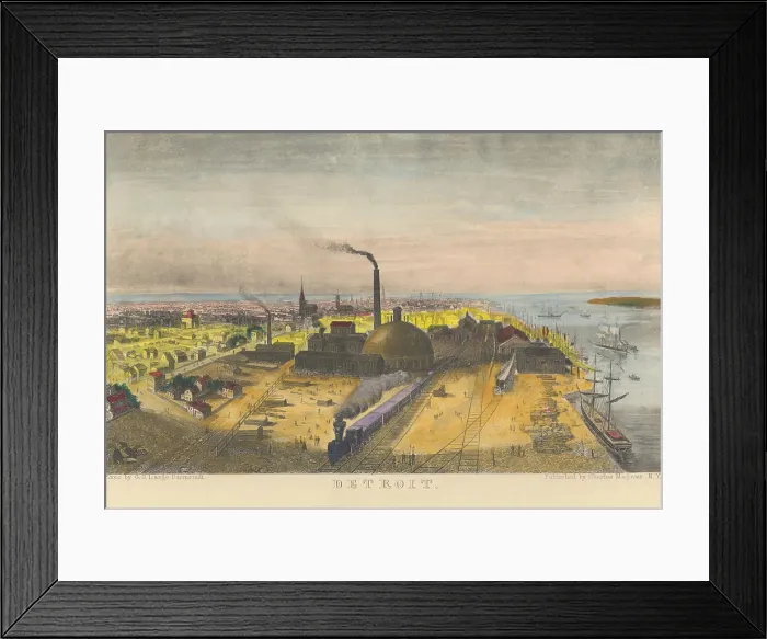 Framed Print : Detroit, Michigan, ca. 1855. A railroad depot has a domed roundhouse, and a train departing the waterfront pier Framed Print : Detroit, Michigan, ca. 1855. A railroad depot has a domed roundhouse, and a train departing the waterfront pier