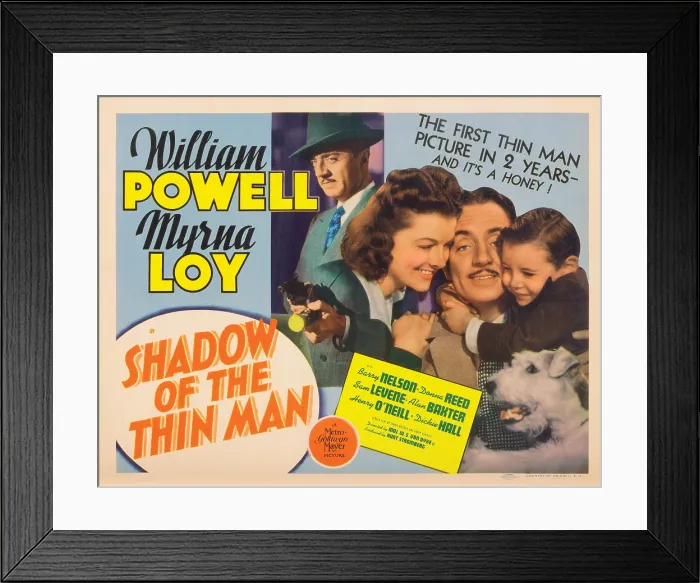 Framed Print : SHADOW OF THE THIN MAN, US lobbycard, William Powell, Myrna Loy, Dickie Hall, Asta, 1941 Framed Print : SHADOW OF THE THIN MAN, US lobbycard, William Powell, Myrna Loy, Dickie Hall, Asta, 1941