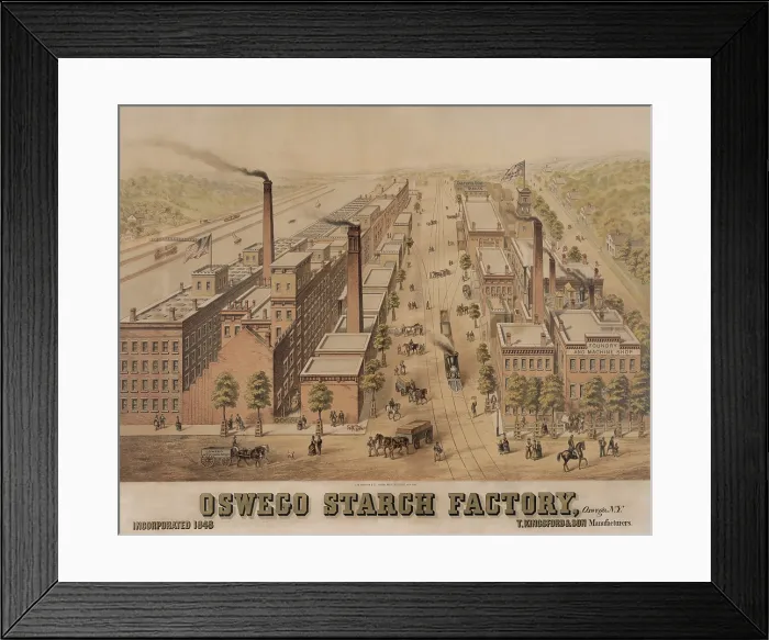 Framed Print : Oswego starch factory, Oswego, N.Y. ca.1850s. The large factory was likely producing for the export market. Midwest and New York State Farm products arrived at the port Framed Print : Oswego starch factory, Oswego, N.Y. ca.1850s. The large factory was likely producing for the export market. Midwest and New York State Farm products arrived at the port