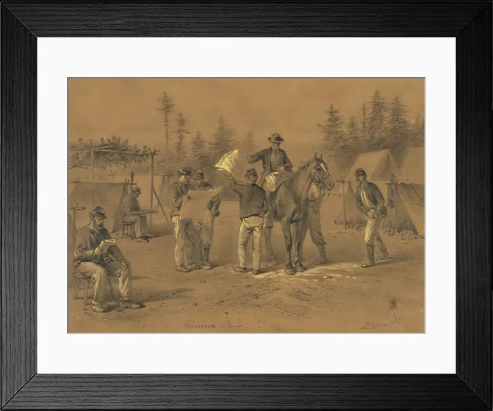 Framed Print : NEWSPAPERS IN CAMP, by Edwin Forbes, c. 1876, American drawing. Soldiers spent weeks on end in camp and newspapers helped relieve the monotony Framed Print : NEWSPAPERS IN CAMP, by Edwin Forbes, c. 1876, American drawing. Soldiers spent weeks on end in camp and newspapers helped relieve the monotony