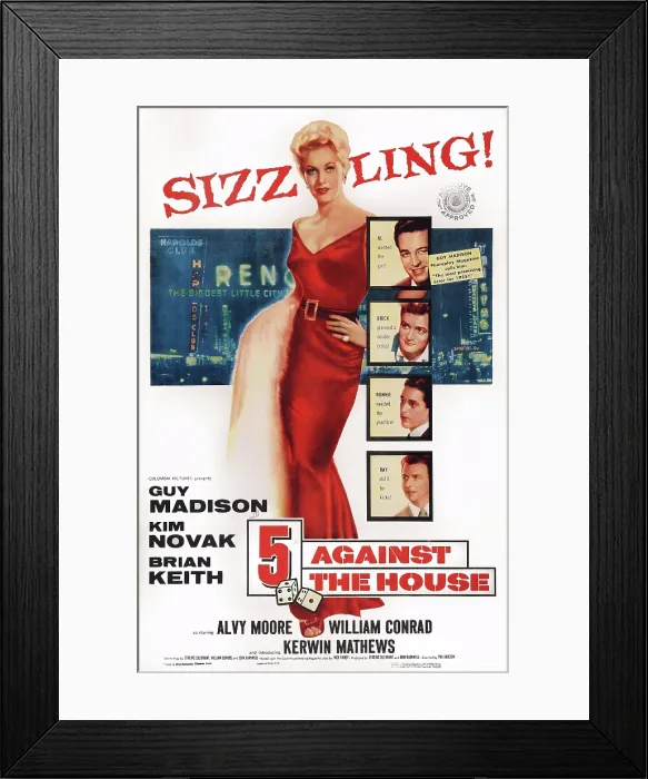Framed Print : 5 AGAINST THE HOUSE, (aka FIVE AGAINST THE HOUSE), center: Kim Novak; top to bottom from right hand corner: Guy Madison, Brian Keith, Kerwin Mathews, Alvy Moore, 1955