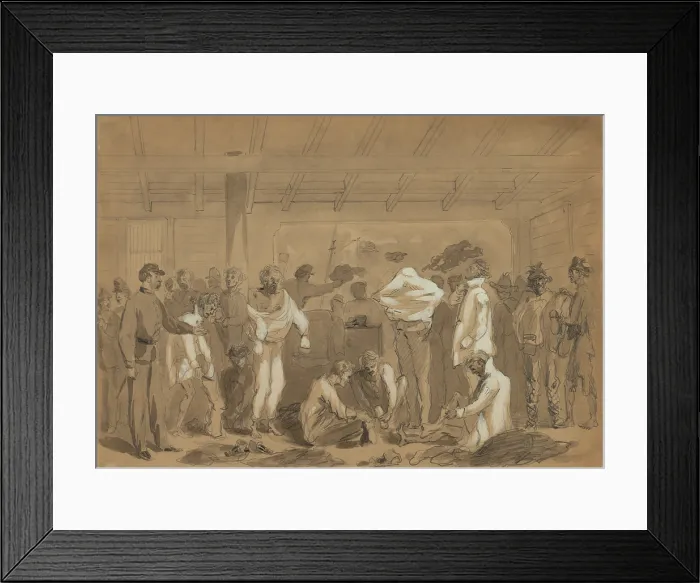 Framed Print : Exchanged Union POWs are issued new clothing to replace their prison camp rags after boarding the Flag of Truce boat, NEW YORK, in late 1864