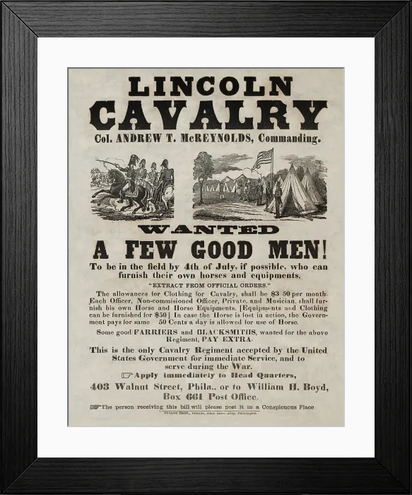 Framed Print : US Civil War recruiting poster for the Lincoln Calvary, being raised by an Irish born New York lawyer, Andrew T. McReynolds Framed Print : US Civil War recruiting poster for the Lincoln Calvary, being raised by an Irish born New York lawyer, Andrew T. McReynolds