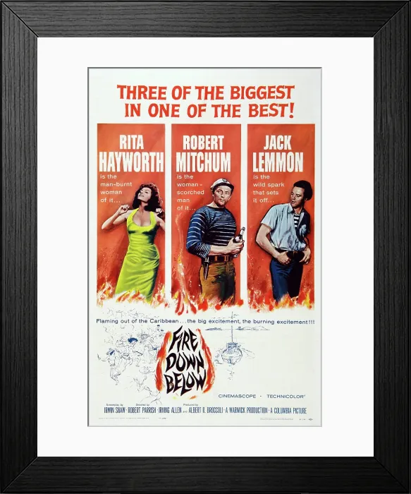 Framed Print : FIRE DOWN BELOW, l-r: Rita Hayworth, Robert Mitchum, Jack Lemmon on poster art, 1957