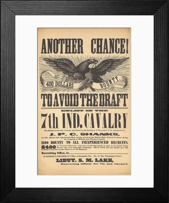 Framed Print : US Civil War recruiting poster for the 7th Indiana Cavalry offers enlistment as a way to order the 1863 Union military draft