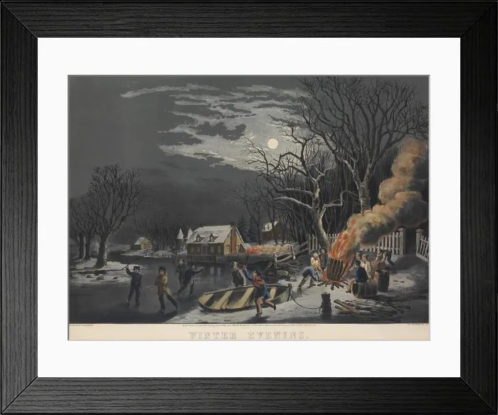 Framed Print : Winter Evening, 1854, by Nathaniel Currier. 13 boys enjoy free time on a winter evening, near neat homes on a frozen creek Framed Print : Winter Evening, 1854, by Nathaniel Currier. 13 boys enjoy free time on a winter evening, near neat homes on a frozen creek