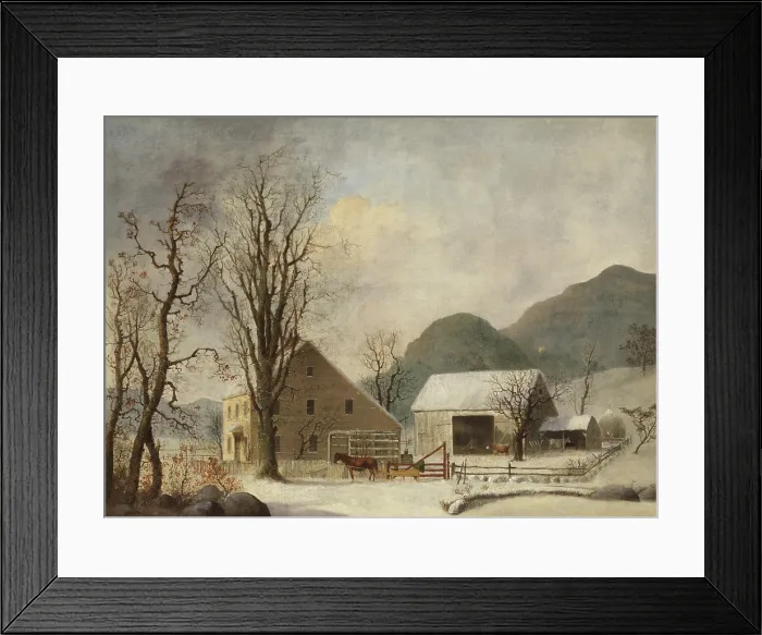 Framed Print : Winter Landscape, by George Henry Durrie, 1859, depicts a rural New England homestead on a cloudy winter day