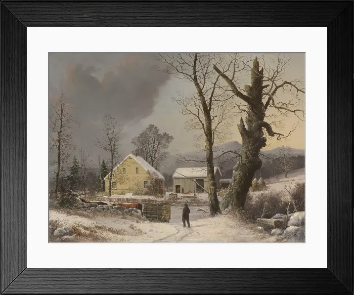 Framed Print : Winter Landscape, by George Henry Durrie, 1856, depicts a rural New England homestead on a sunny winter day Framed Print : Winter Landscape, by George Henry Durrie, 1856, depicts a rural New England homestead on a sunny winter day
