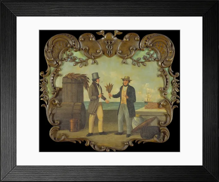 Framed Print : A 1850 tobacco sign depicts men involved in a tobacco transaction on a pier