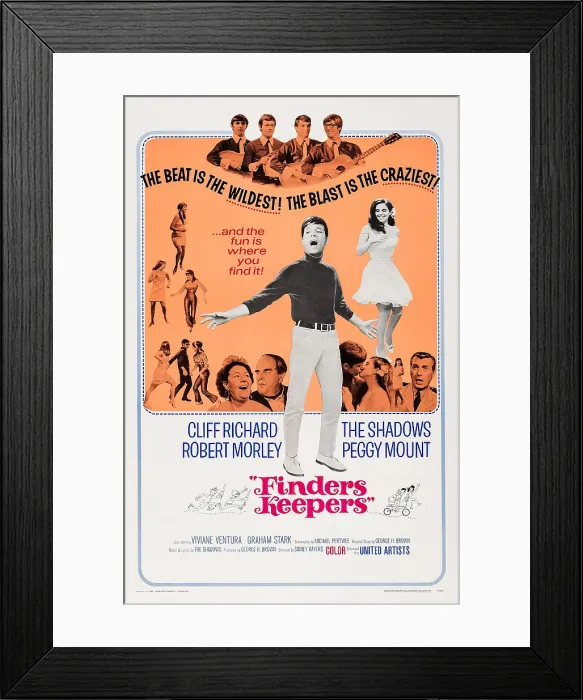 Framed Print : FINDERS KEEPERS, US poster, The Shadows (top), bottom from left: Peggy Mount, Robert Morley, Cliff Richard (standing), Vivienne Ventura (rear), 1966