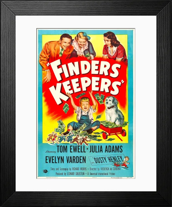 Framed Print : FINDERS KEEPERS, US poster, top from left: Tom Ewell, Evelyn Varden, Julie Adams, center: Dusty Henley, 1952