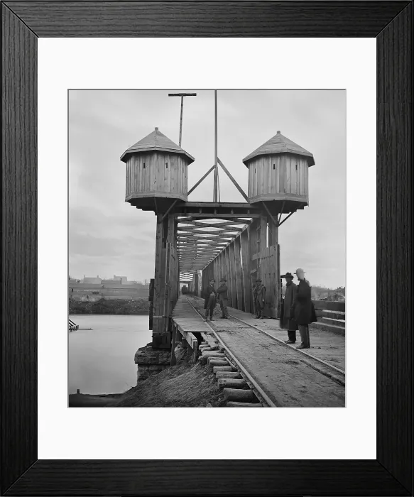 Framed Print : Fortified bridge over the Cumberland River near Nashville, Tennessee in 1864. The wooden guard towers protect against attacks by Confederate raiders. Photo by George N