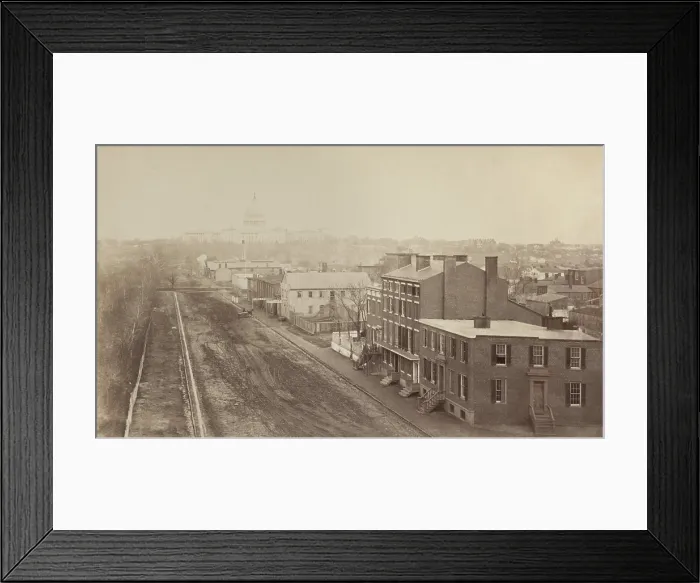 Framed Print : Wartime Washington, DC. An April 1865 photograph shows Maine Ave. SW, looking northeast towards Capitol