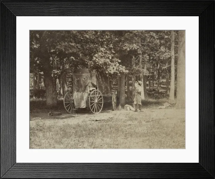 Framed Print : Our Artist at Manassas, depicts one of Mathew Brady's photographers outside a mobile dark rooms used to develop photographs in the field