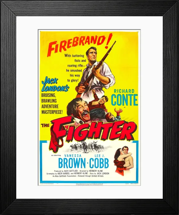 Framed Print : THE FIGHTER, US poster, bottom right: Vanessa Brown, Richard Conte, center: Lee J. Cobb (mustache), 1952