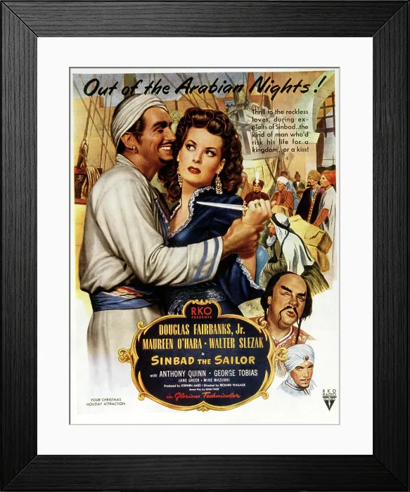 Framed Print : SINBAD THE SAILOR, Douglas Fairbanks Jr, Maureen O'Hara, Walter Slezak, Anthony Quinn, 1947 Framed Print : SINBAD THE SAILOR, Douglas Fairbanks Jr, Maureen O'Hara, Walter Slezak, Anthony Quinn, 1947