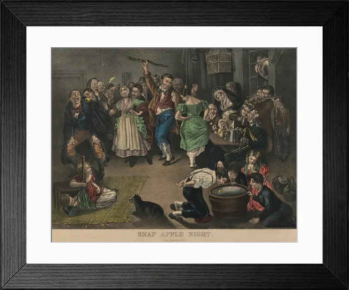 Framed Print : Snap Apple Night, by Currier & Ives, depicts a lively party of adults and children on Halloween, in early 19th century America Framed Print : Snap Apple Night, by Currier & Ives, depicts a lively party of adults and children on Halloween, in early 19th century America