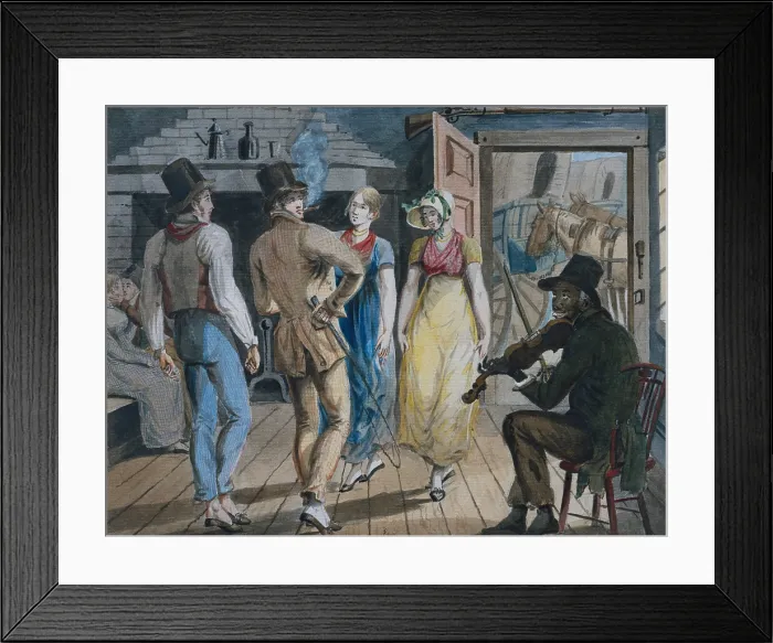 Framed Print : Merrymaking at a Wayside Inn, by John Lewis Krimmel, 1811-13. Two couples with the men are wearing dancing slippers, dance to the music of an African American fiddler Framed Print : Merrymaking at a Wayside Inn, by John Lewis Krimmel, 1811-13. Two couples with the men are wearing dancing slippers, dance to the music of an African American fiddler