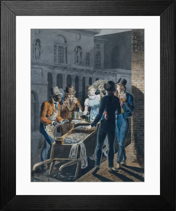 Framed Print : Nightlife in Philadelphia--an Oyster Barrow in Front of the Chestnut Street Theater, by John Lewis Krimmel, 1811-13