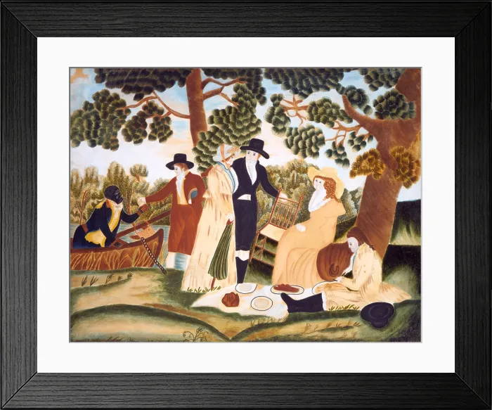 Framed Print : American Picnic scene of 1800, painted in a primitive style watercolor by an anonymous artist. At left, an African American hands a picnicker a bottle from a moored boat