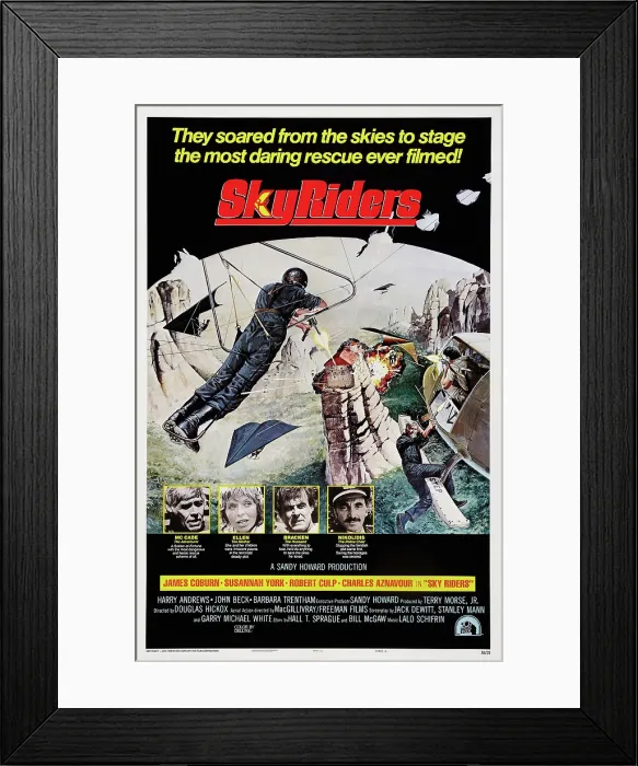 Framed Print : SKY RIDERS, (aka SKYRIDERS), US poster art, bottom, from left: James Coburn, Susannah York, Robert Culp, Charles Aznavour, 1976. TM & Copyright 20th Century-Fox Film Corp