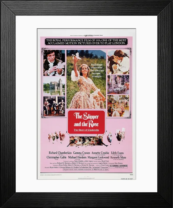 Framed Print : THE SLIPPER AND THE ROSE: THE STORY OF CINDERELLA, US poster art, Richard Chamberlain (top left), Gemma Craven (center), 1976