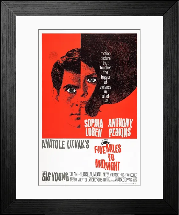 Framed Print : FIVE MILES TO MIDNIGHT, US poster, from left: Anthony Perkins, Sophia Loren, 1962 Framed Print : FIVE MILES TO MIDNIGHT, US poster, from left: Anthony Perkins, Sophia Loren, 1962