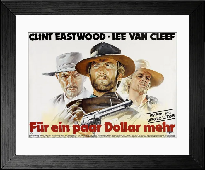 Framed Print : FOR A FEW DOLLARS MORE, (aka FUR EIN PAAR DOLLAR MEHR), from left: Lee Van Cleef, Clint Eastwood, Klaus Kinski, 1964