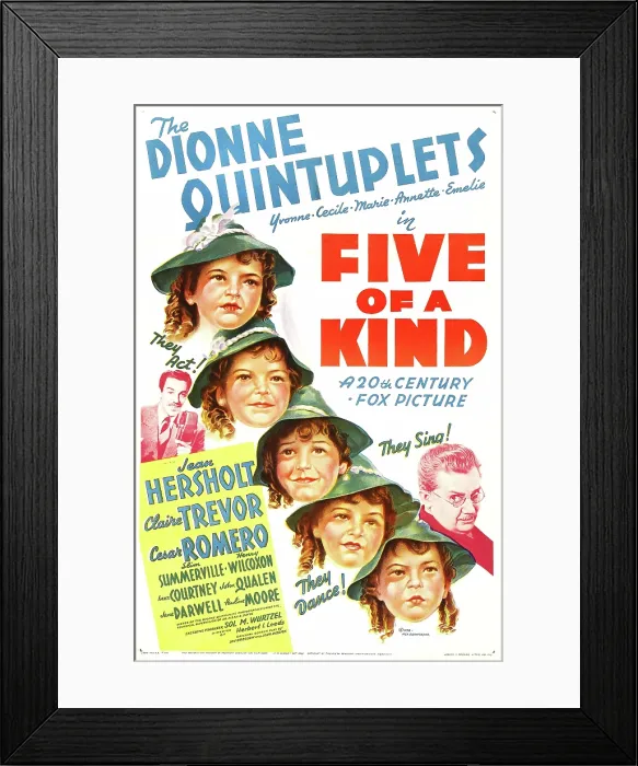 Framed Print : FIVE OF A KIND, US poster art, center: the Dionne Quintuplets (Yvonne, Cecile, Marie, Annette, Emelie); left: Cesar Romero; right: Jean Hersholt, 1938