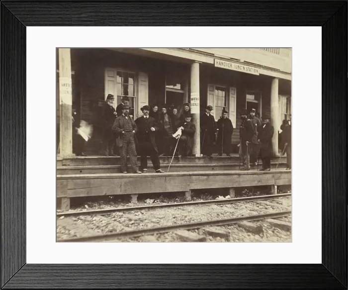Framed Print : A group of well-dressed men and women standing on the platform of Hanover Junction railroad Station Framed Print : A group of well-dressed men and women standing on the platform of Hanover Junction railroad Station