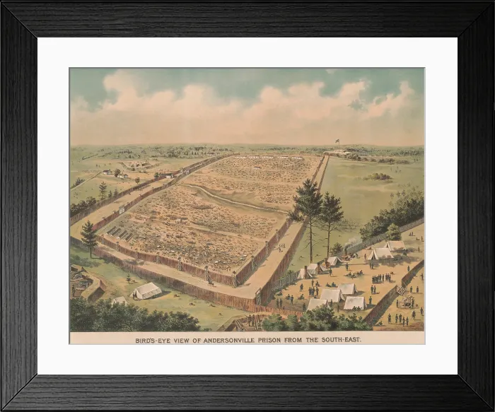 Framed Print : Andersonville Prison was a Confederate prison camp surrounded by two stockade fences, with four banks of cannons aimed inward, at the prisoner compound Framed Print : Andersonville Prison was a Confederate prison camp surrounded by two stockade fences, with four banks of cannons aimed inward, at the prisoner compound