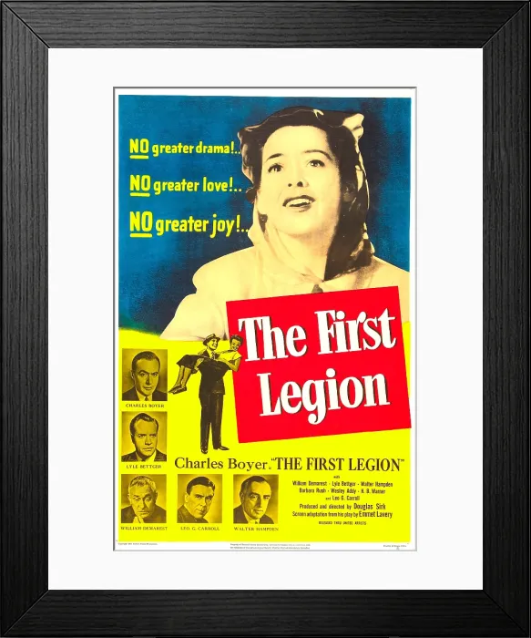 Framed Print : THE FIRST LEGION, US poster, Barbara Rush (top), left from top: Charles Boyer, Lyle Bettger, William Demarest, Leo G. Carroll, Walter Hampden, 1951