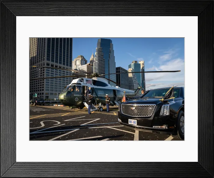 Framed Print : President Joe Biden disembarks after Marine One Lands at the Wall Street heliport in New York City, Sept. 20, 2021