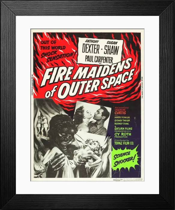 Framed Print : FIRE MAIDENS OF OUTER SPACE, (aka FIRE MAIDENS FROM OUTER SPACE), l-r: Susan Shaw, Anthony Dexter on US poster art, 1956
