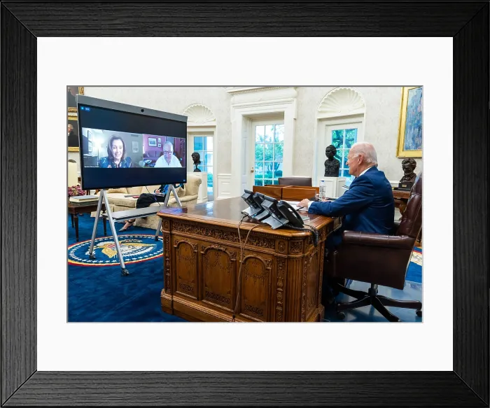 Framed Print : President Joe Biden holds a virtual meeting with House Speaker Nancy Pelosi, and Senate Majority Leader Charles Schumer, Sept, 16, 2021