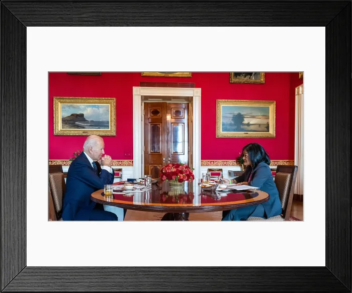 Framed Print : President Joe Biden meets with Rep. Pramila Jayapal, leader of the Congressional Progressive Caucus, Oct. 18, 2021, in the Red Room of the White House
