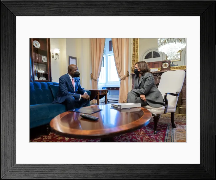 Framed Print : Vice President Kamala Harris meets with US Senator Raphael Warnock, Oct. 20, 2021, in her Capitol office
