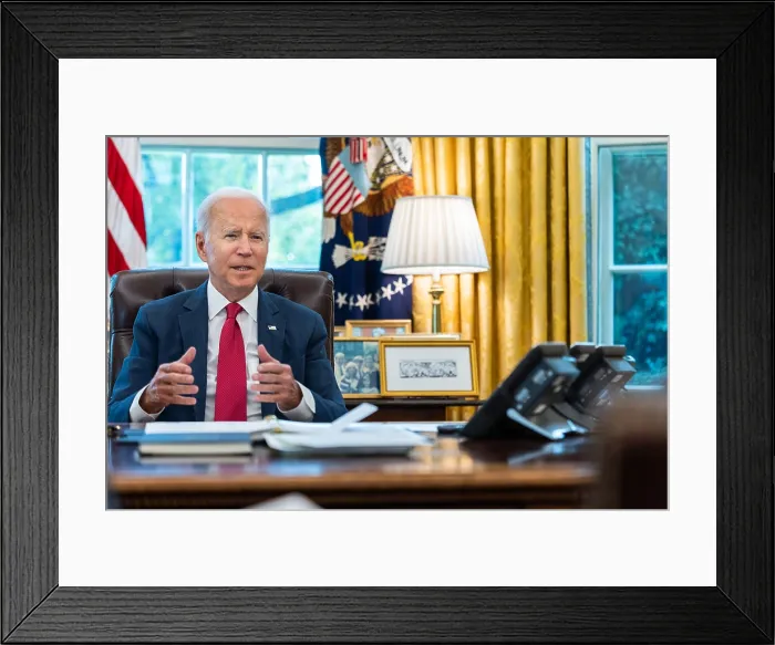 Framed Print : President Joe Biden talks on the phone with Democratic Senator Joe Manchin, Oct. 22, 2021, from the White House Oval Office Framed Print : President Joe Biden talks on the phone with Democratic Senator Joe Manchin, Oct. 22, 2021, from the White House Oval Office