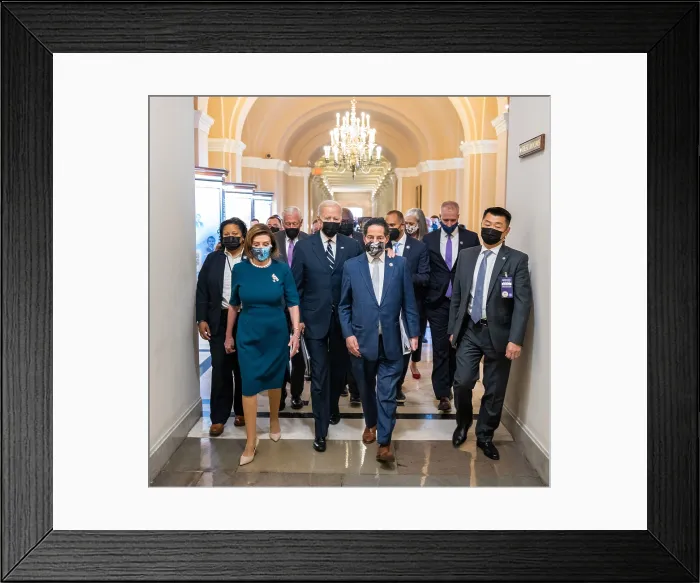 Framed Print : President Joe Biden is escorted at the US Capitol by Democratic House leadership, before addressing the House Democratic Caucus, Oct. 28, 2021