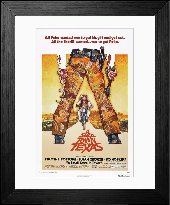 Framed Print : A SMALL TOWN IN TEXAS, US poster art, on motorcycle: Susan George, Timothy Bottoms, 1976