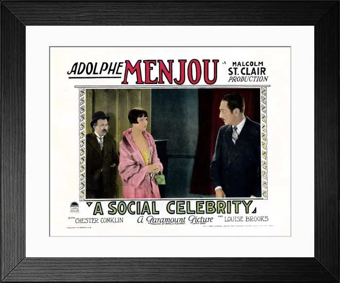 Framed Print : A SOCIAL CELEBRITY, US lobbycard, from left: Chester Conklin, Louise Brooks, Adolphe Menjou, 1926