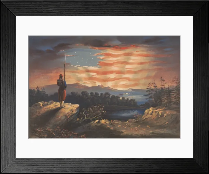 Framed Print : OUR HEAVEN BORN BANNER, by William Bauly, reproduced in a 1861 lithograph. The image is based on Frederic Edwin Church's small oil painting Our Banner in the Sky Framed Print : OUR HEAVEN BORN BANNER, by William Bauly, reproduced in a 1861 lithograph. The image is based on Frederic Edwin Church's small oil painting Our Banner in the Sky