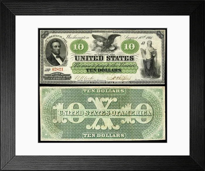 Framed Print : Ten Dollar Greenback, with engraving of President Abraham Lincoln