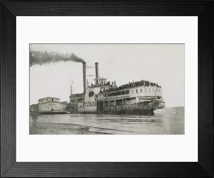 Framed Print : Steamboat turned troopship, Sultana on the Mississippi River before her boilers exploded, the ship burned, and she sank on April 27, 1865 Framed Print : Steamboat turned troopship, Sultana on the Mississippi River before her boilers exploded, the ship burned, and she sank on April 27, 1865