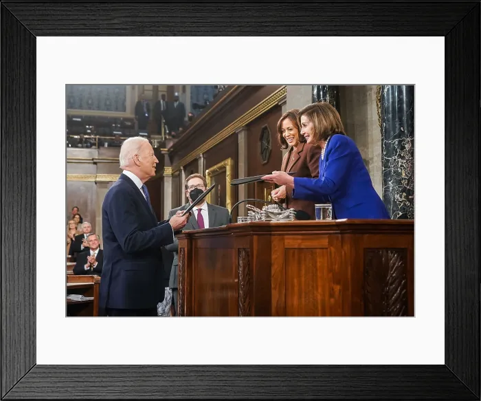 Framed Print : President Joe Biden presents copies of his State of the Union address to VP Kamala Harris and House Speaker Nancy Pelosi Framed Print : President Joe Biden presents copies of his State of the Union address to VP Kamala Harris and House Speaker Nancy Pelosi
