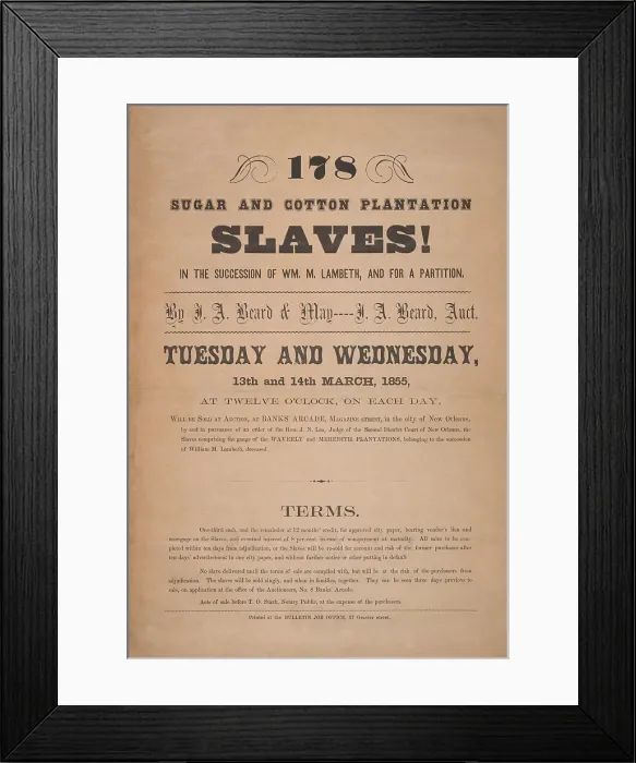 Framed Print : Poster announcing the auction of 178 sugar and cotton plantation slaves, in New Orleans, 1855
