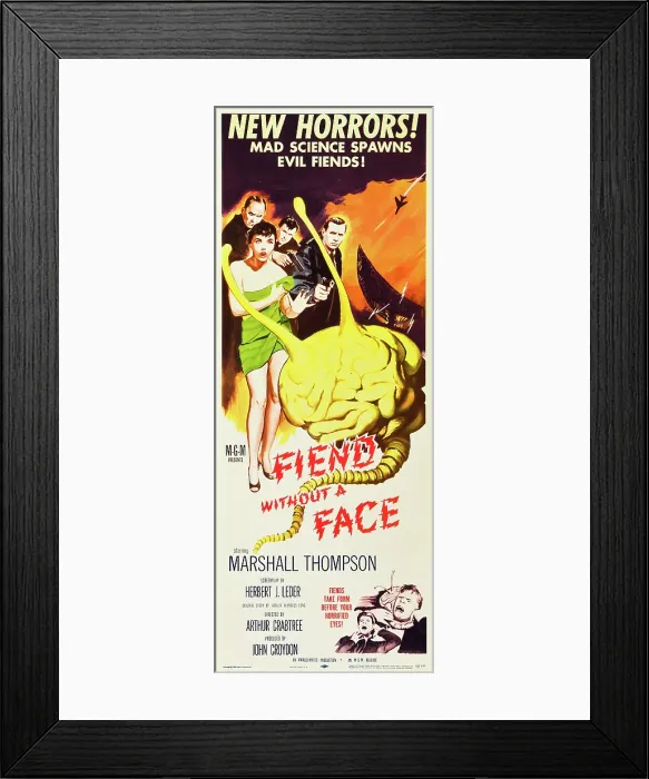 Framed Print : FIEND WITHOUT A FACE, Kim Parker (in towel), far right: Marshall Thompson on insert poster, 1958