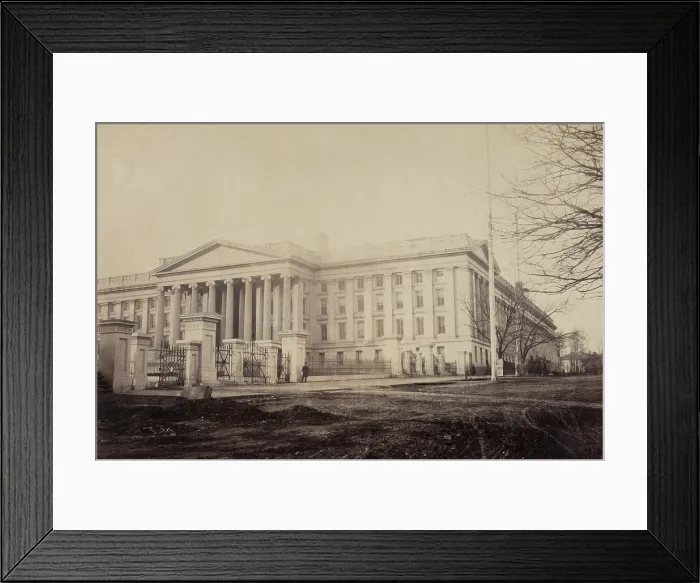 Framed Print : Southeast corner of the Treasury Buildings, Washington, DC, during the US Civil War. On Sept. 7, 1836, construction began on the ambitious, multi-winged building