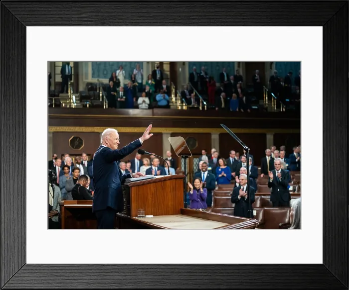 Framed Print : President Joe Biden delivers his State of the Union address to a joint session of Congress, March 1, 2022, in the House Chamber of the US Capitol Framed Print : President Joe Biden delivers his State of the Union address to a joint session of Congress, March 1, 2022, in the House Chamber of the US Capitol